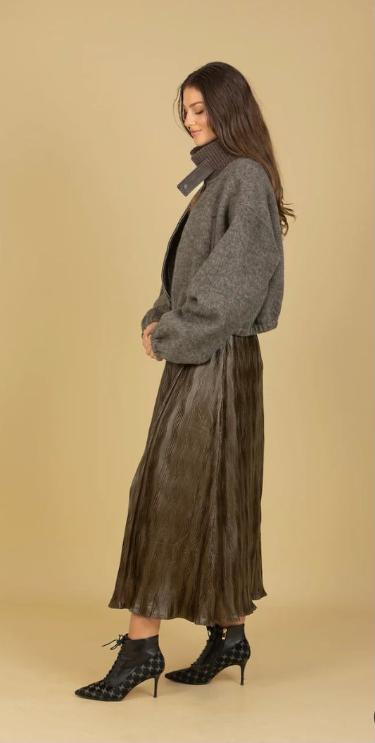 Pleated Midi Skirt in Olive Green by Jessie Liu