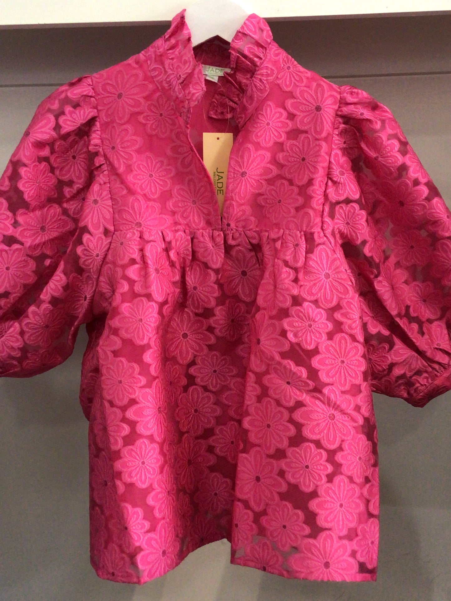 Floral Organza High Neck Top with Puff Sleeve in Fuchsia by Jade