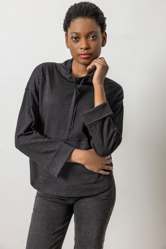 Drawstring Neck Pullover in Black by Lilla P