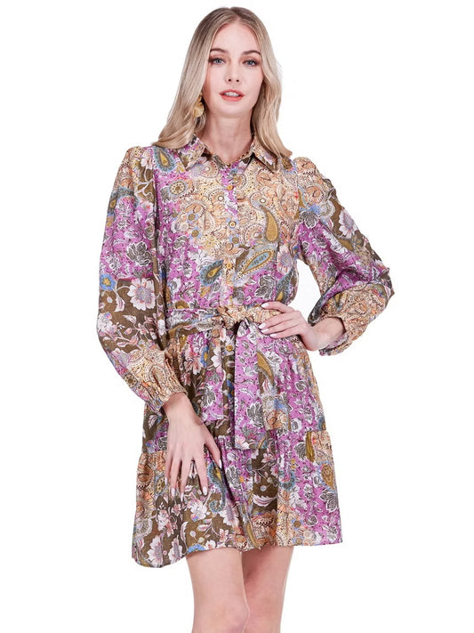 Ruffled Hem Shirt Dress in Plum Moisaic by Joy Joy