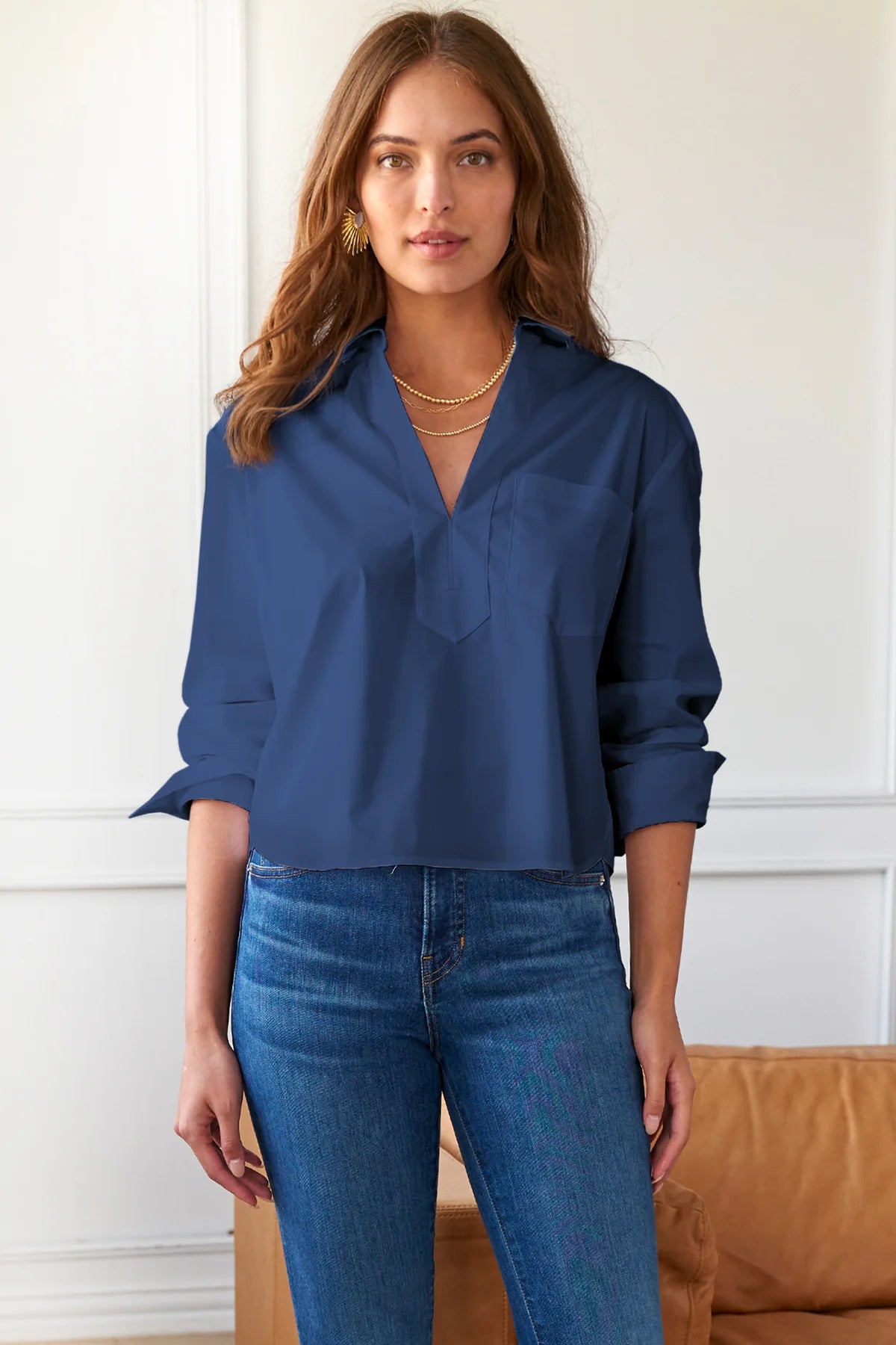 Crop Emmy Shirt in Solid Navy Silky Poplin by Finley