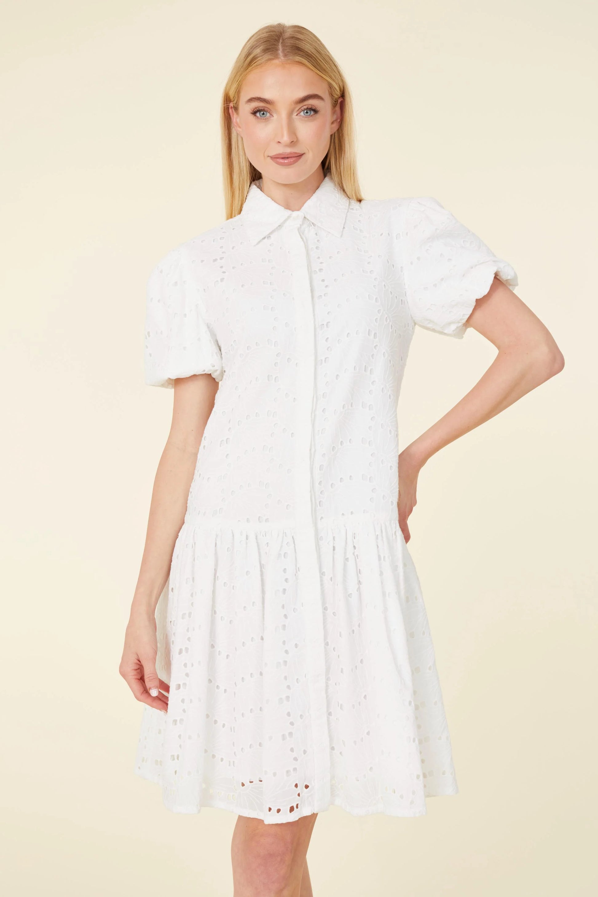 Short Sleeve Eyelet Dress in White by Dolce Cabo – Poshabilities Short Sleeve Eyelet Dress in White by Dolce Cabo – Poshabilities