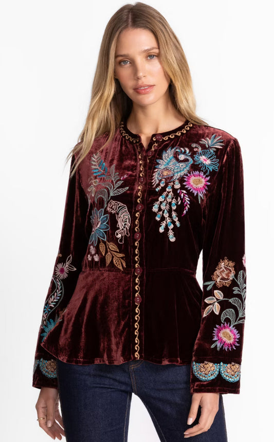 Velvet Peplum Jacket Edwin in Blackberry by Johnny Was