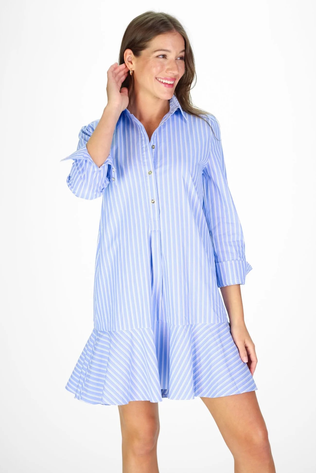 Iris Dress in Light Blue Double Stripe by Duffield Lane