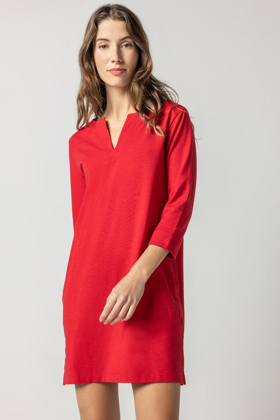 3/4 Sleeve Split Neck Dress in Ruby by Lilla P