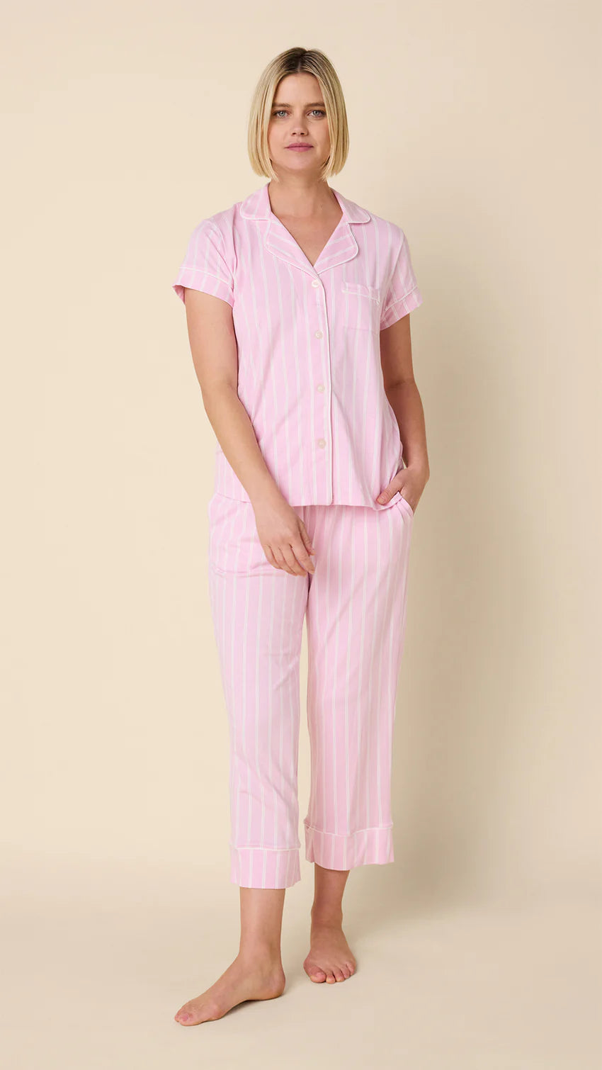 Short Sleeve Heritage Stripe Pima Knit Capri Set in Pink by Cat’s Pajamas