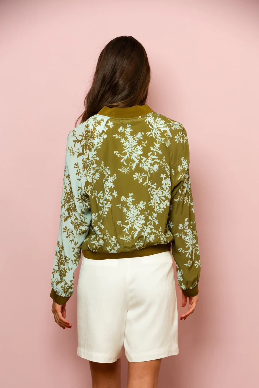Floral Print Silk Bomber Jacket in Ivory by Jessie Liu