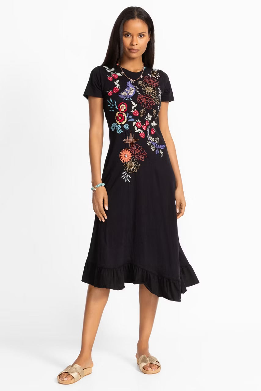 Cora Asymmetric Ruffle Flounce Short Sleeve Dress in Black Floral by Johnny Was