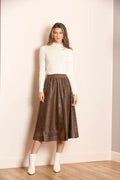 Serena Perforated Pleather Gathered Midi Skirt in Brown by Jessie Liu