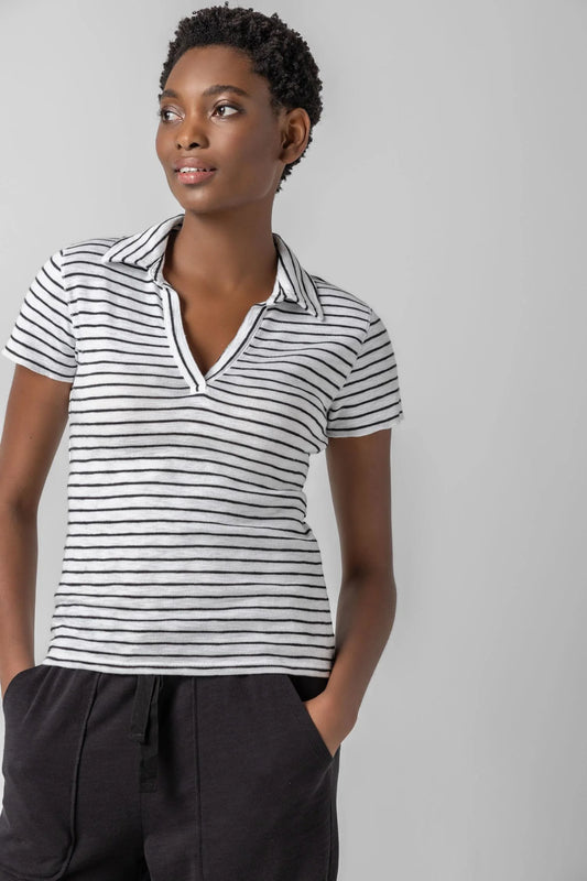 Striped Polo Tee in Black Stripe by Lilla P