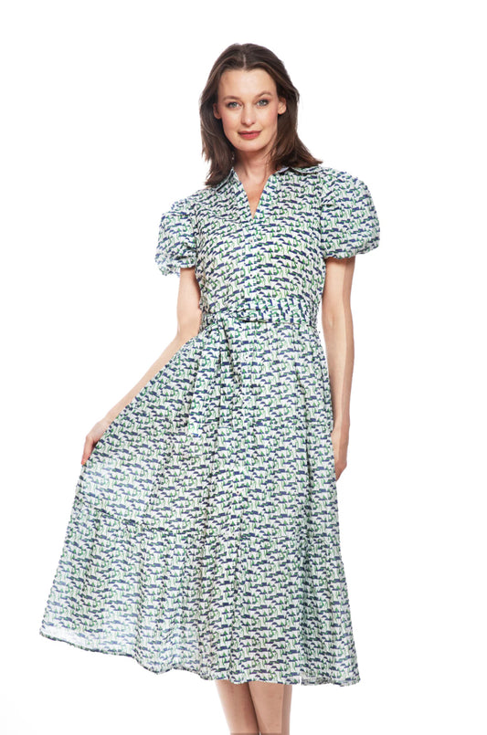 LITCHFIELD DRESS NAVY AND GREEN LITTLE SAILBOATS PRINT