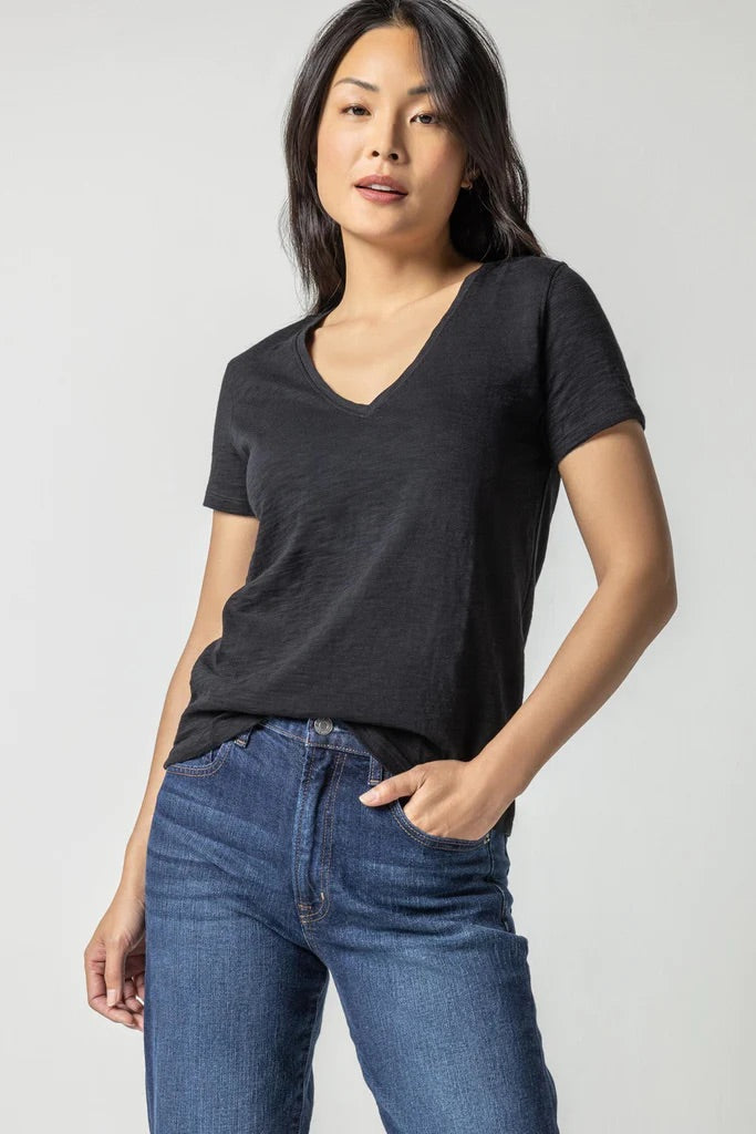 V Neck Short Sleeve Back Seam Tee in Black by Lilla P