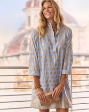 Helen Dress in Foulard Border Light Blue Gold by Jude Connally