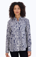 Meghan No Iron Paisley Shirt in Navy by Foxcroft NYC