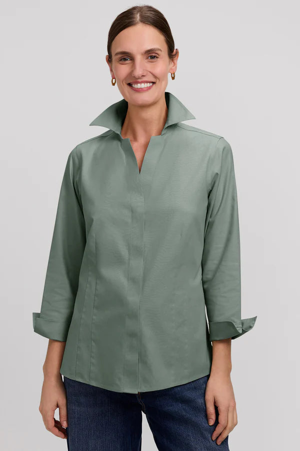 Taylor No Iron Pinpoint 3/4 Sleeve Shirt in Soft Olive by Foxcroft