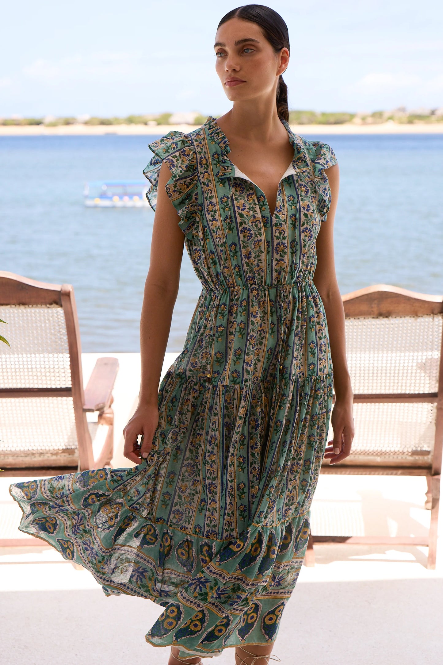 Cinched Flirty MIDI Taj Aqua Dress by Oliphant