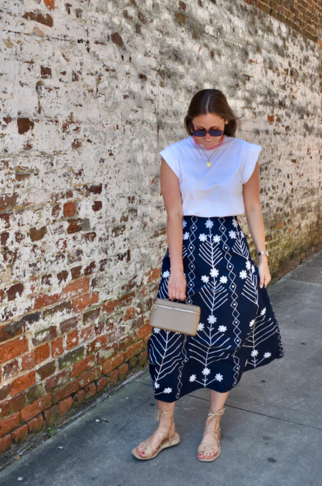 Hanley Midi Skirt Brownish Black with White Embroidery