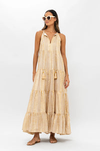 Long Tiered Tassel Dress in Samoa Tan/Gold by Oliphant