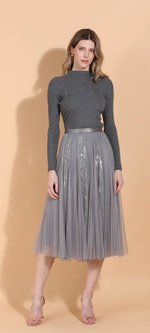 Sequined Tulle Skirt in Grey by Jessie Liu