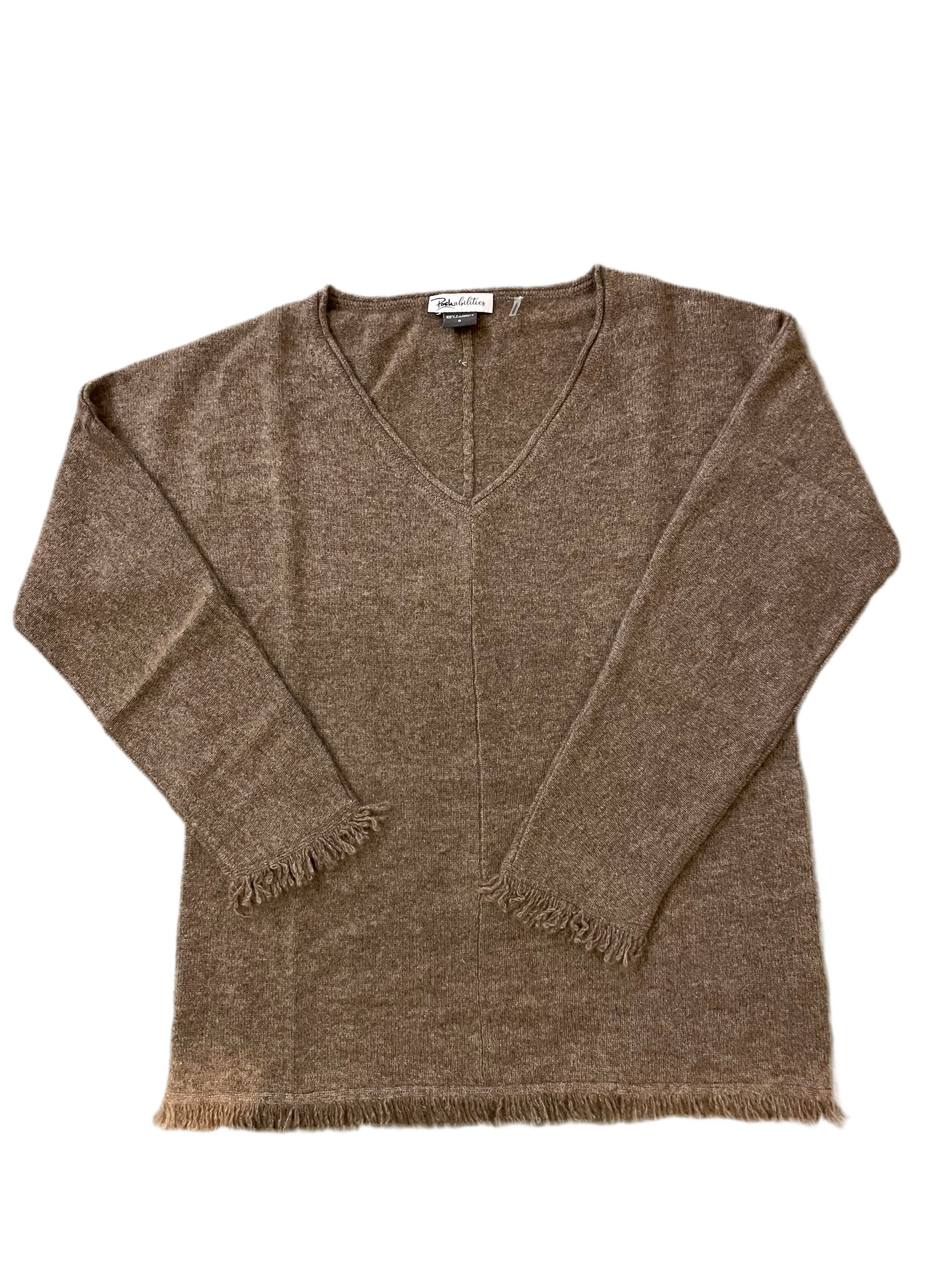 V Neck Cashmere Sweater with Center Seam and Fringe in Bark by Poshabilities