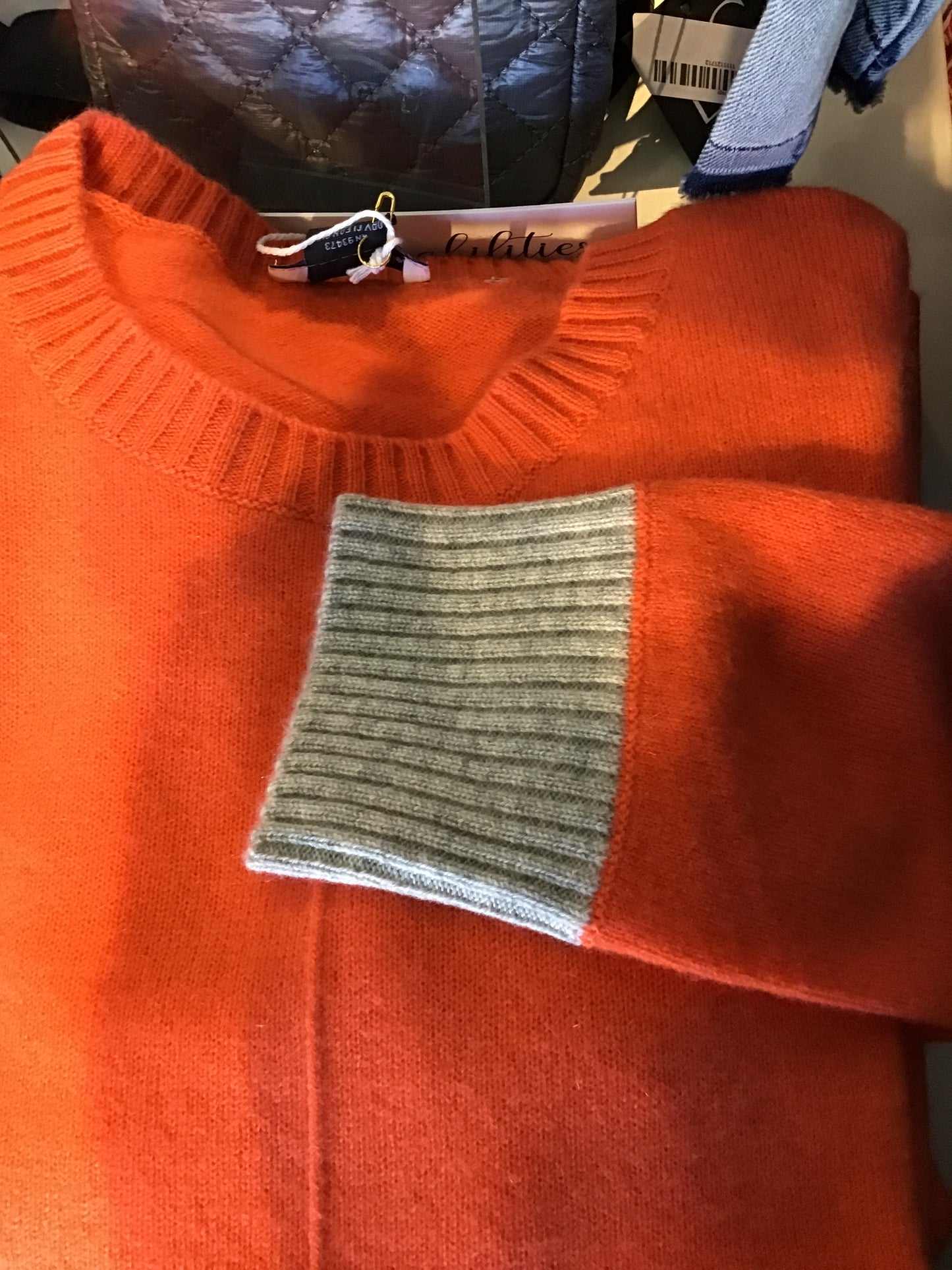 Cashmere Crew in Tangerine with Grey Cuff by Pure Amici