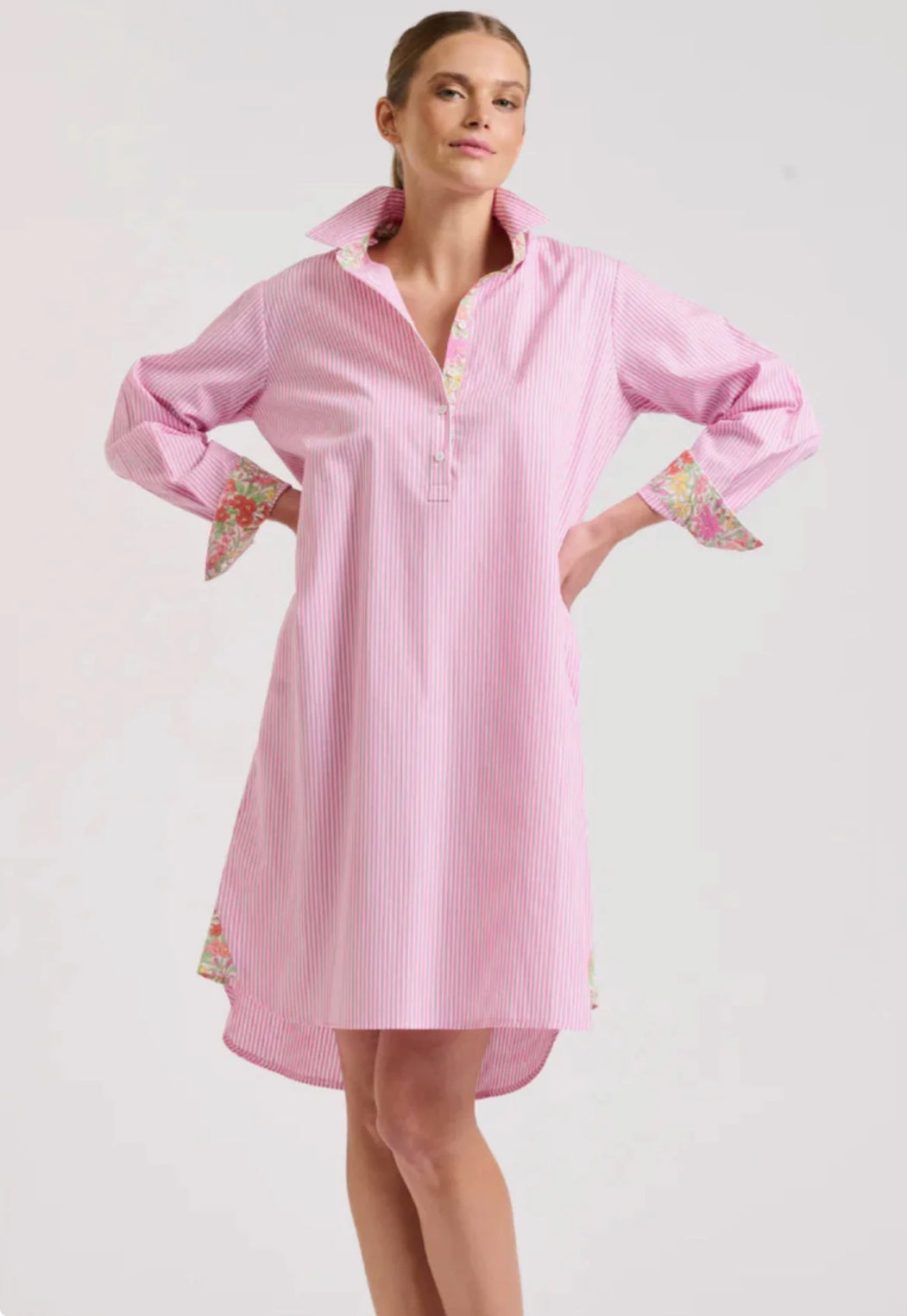 Claire Popover Shirtdress in Pink Stripe and Floral by Shirty