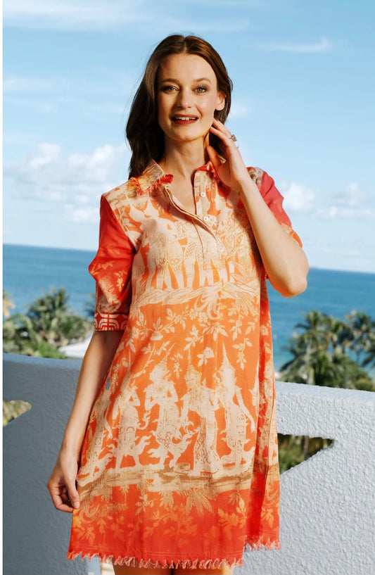CHATHAM DRESS THAI DANCERS ORANGE AND GOLD COTTON LINEN by Dizzy Lizzie