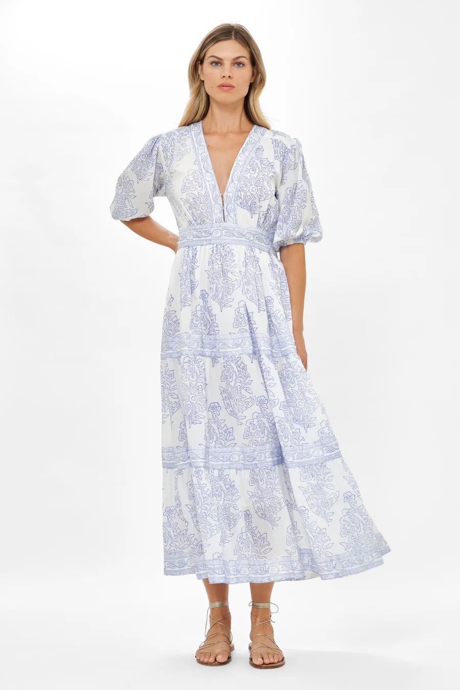 V Neck Puff Maxi Amadora Blue Dress by  Oliphant