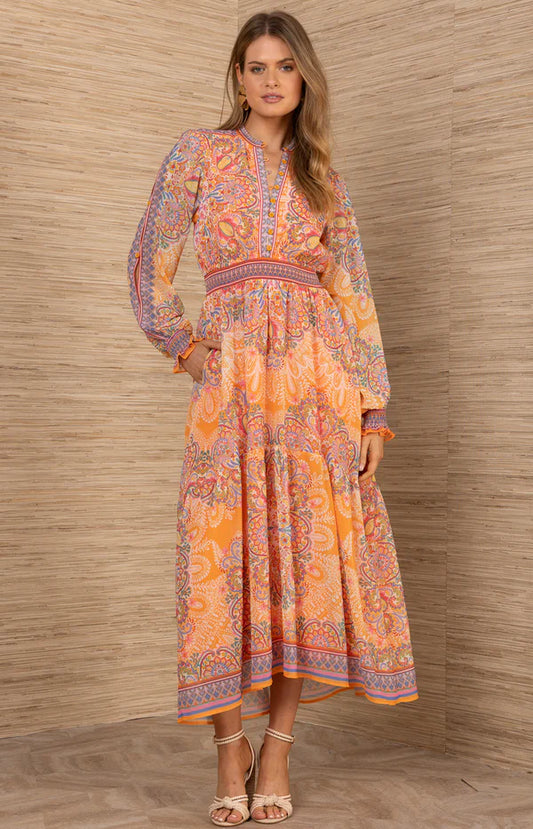 Eleanor Long Chiffon Dress in Orange by Halebob