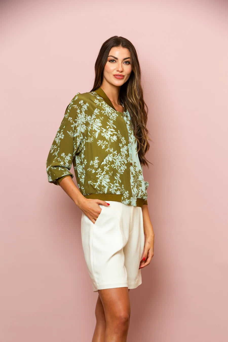 Floral Print Silk Bomber Jacket in Ivory by Jessie Liu