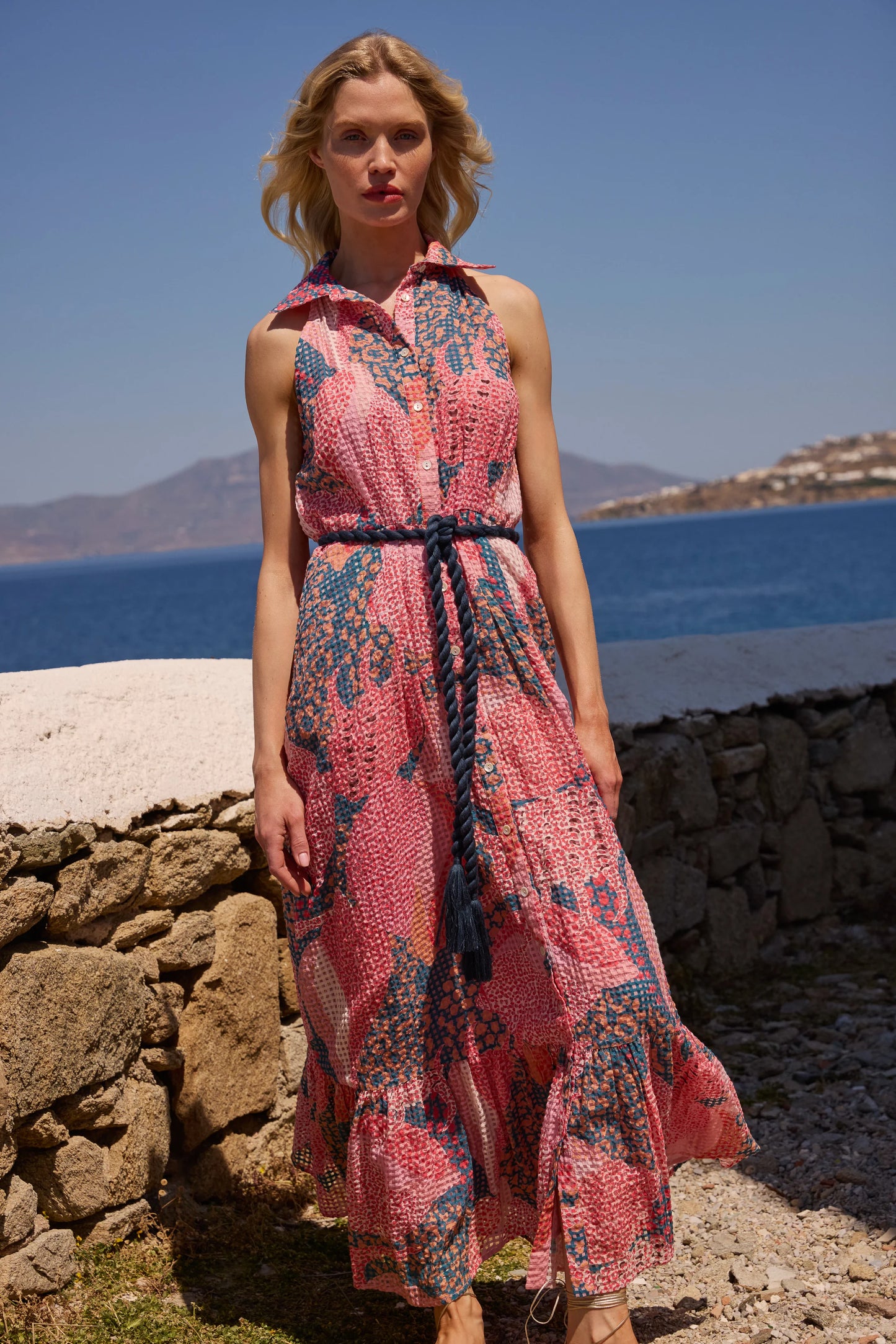 Sleeveless Shirt Dress Maxi Nautilus Navy by Oliphant