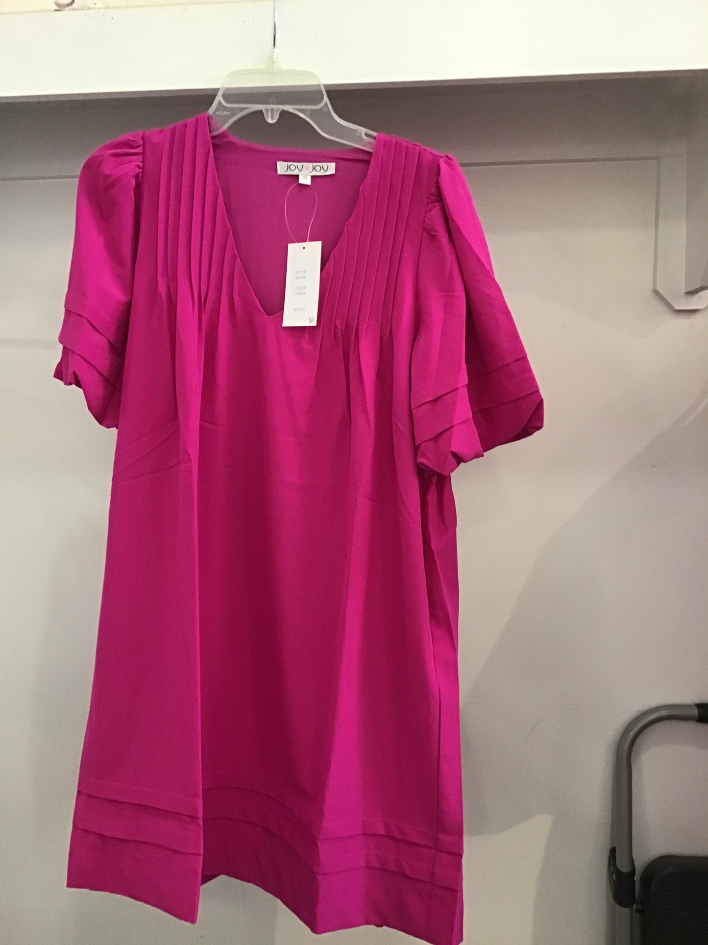 Pleated Puff Sleeve Dress in Cerise Pink by Joy Joy