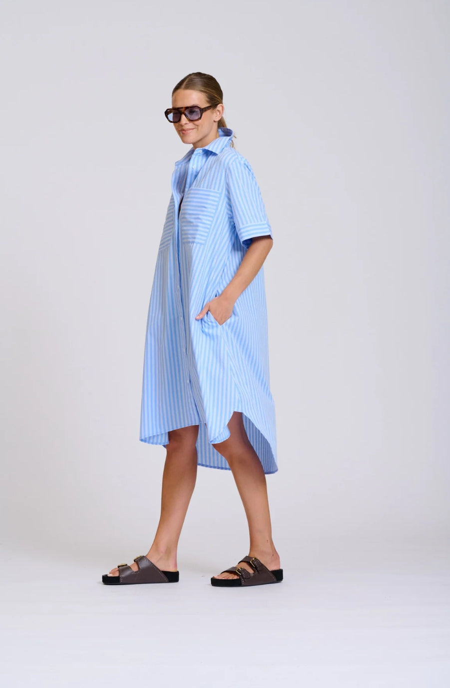 Evie Dress in Double Light Blue Stripe by Shirty