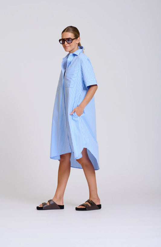Evie Dress in Double Light Blue Stripe by Shirty