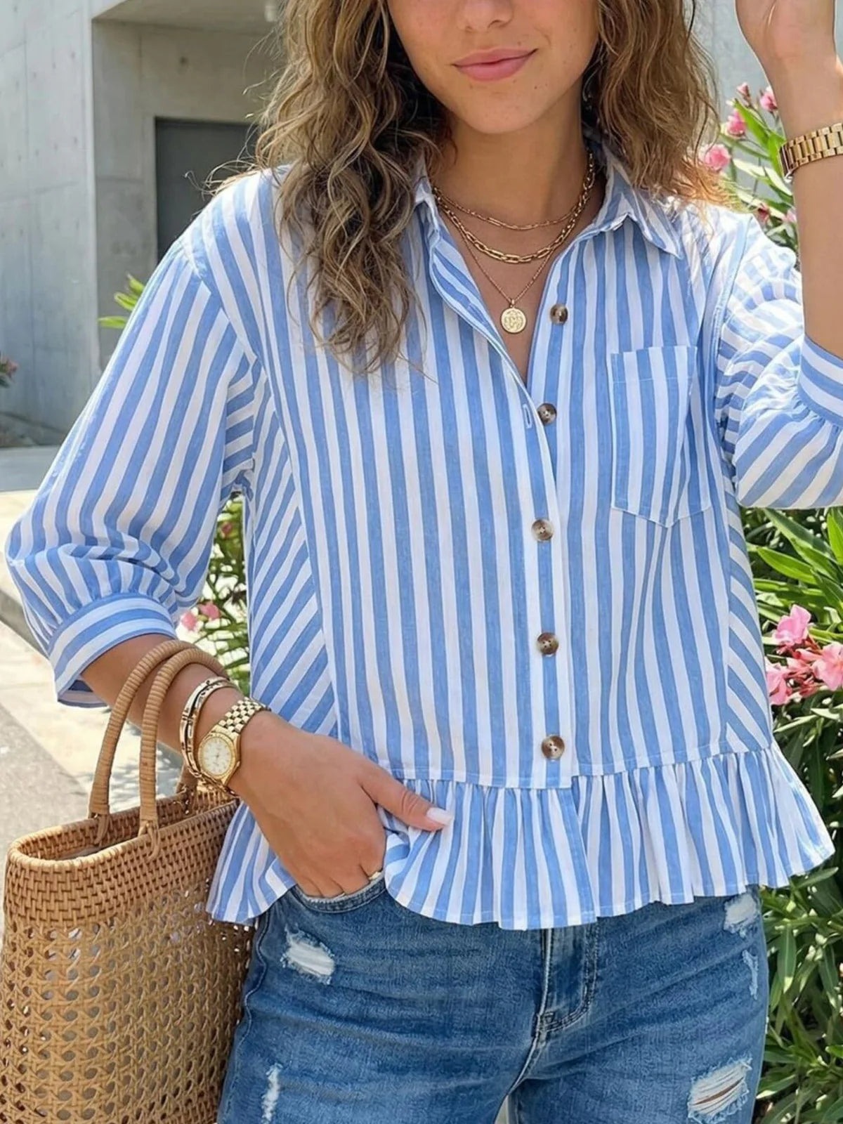 Stripe Poplin Ruffle Bottom Top by Karlie