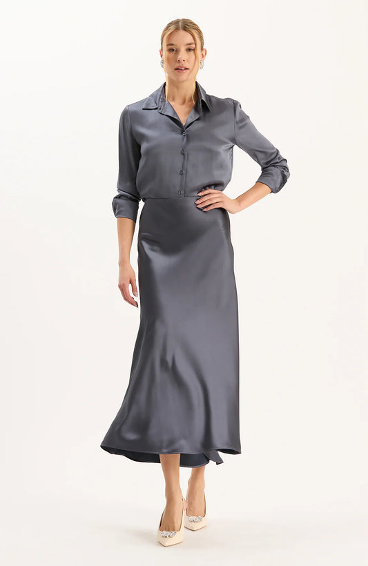 Edie Charmeuse Skirt in Gun Metal by Tyler Boe
