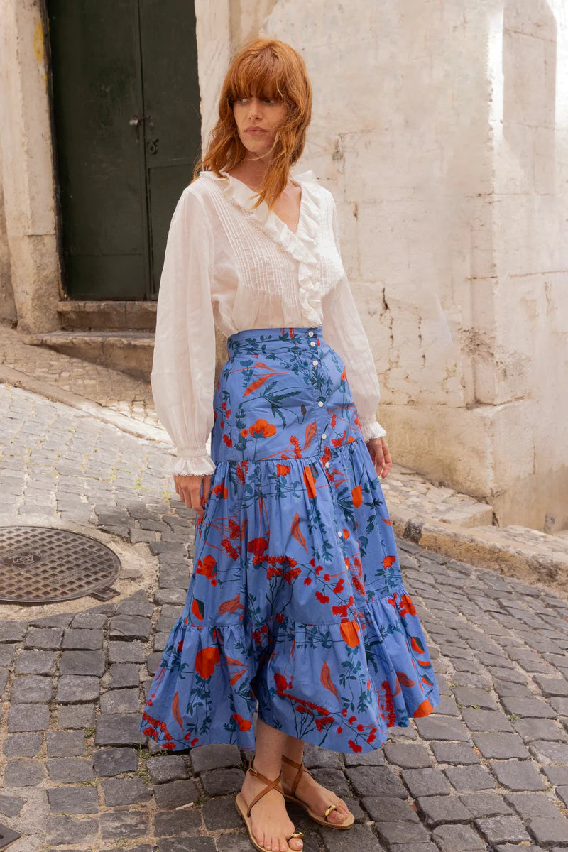 Button Front Skirt in Bartram Blue by Oliphant