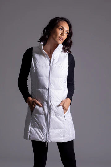 Long Down Vest in White with Silver Zipper by My Anorak