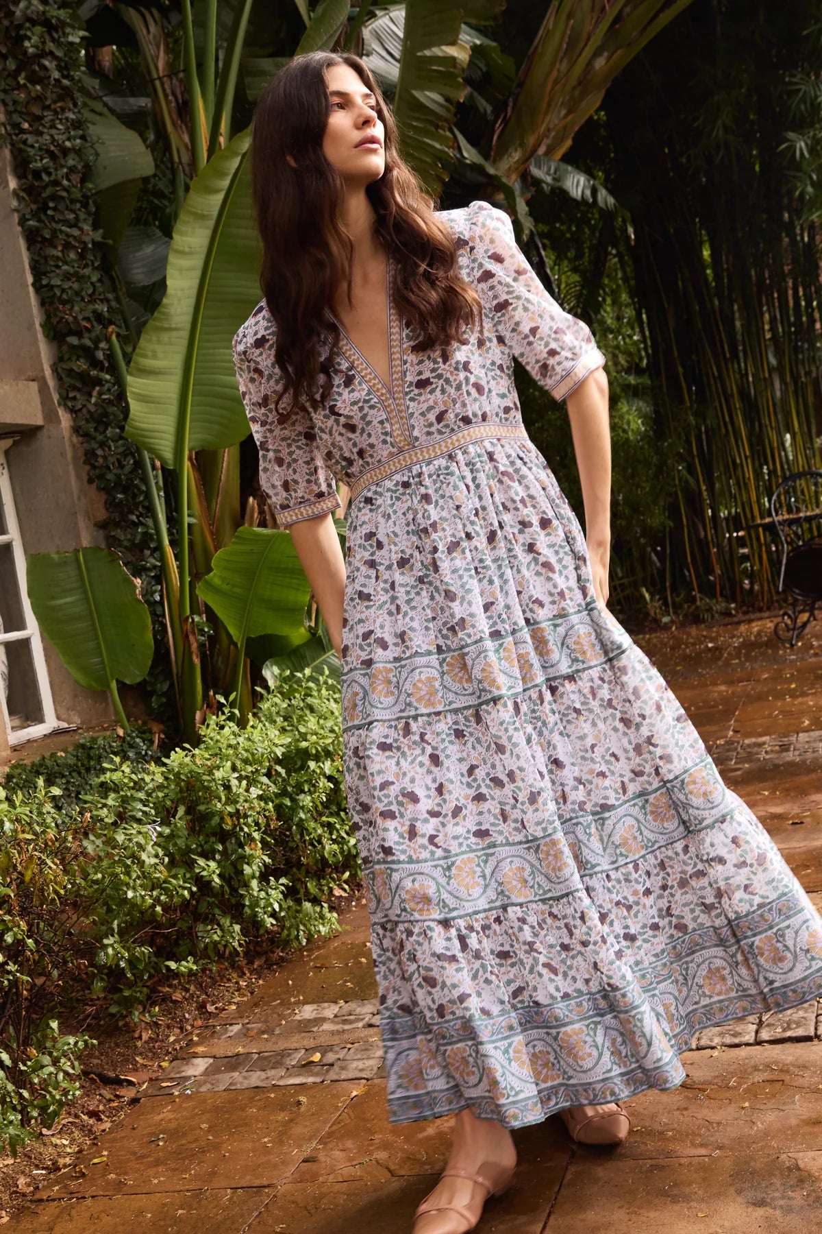 V-NeckCuffed Green Cotswold Maxi Dress