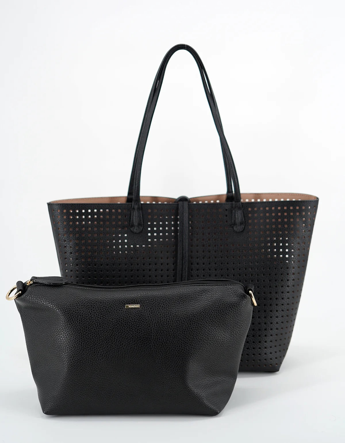 Departure Tote Perforated Square in Black/Nude by Remi Reid