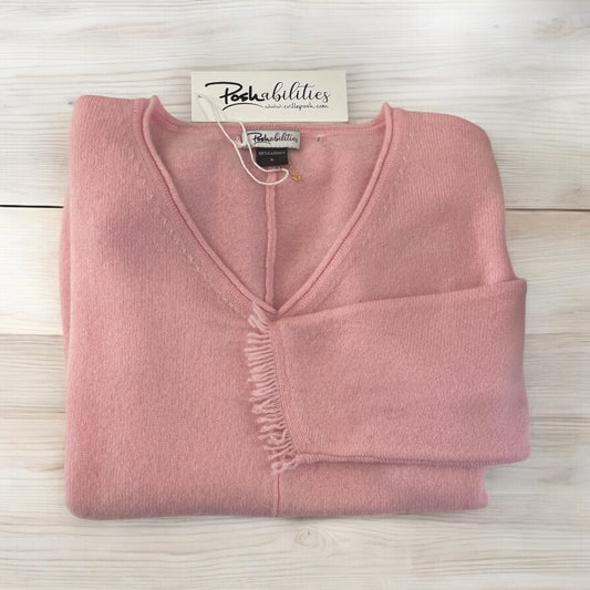 V Neck Sweater with Center Seam and Fringe in Blush by Poshabilities