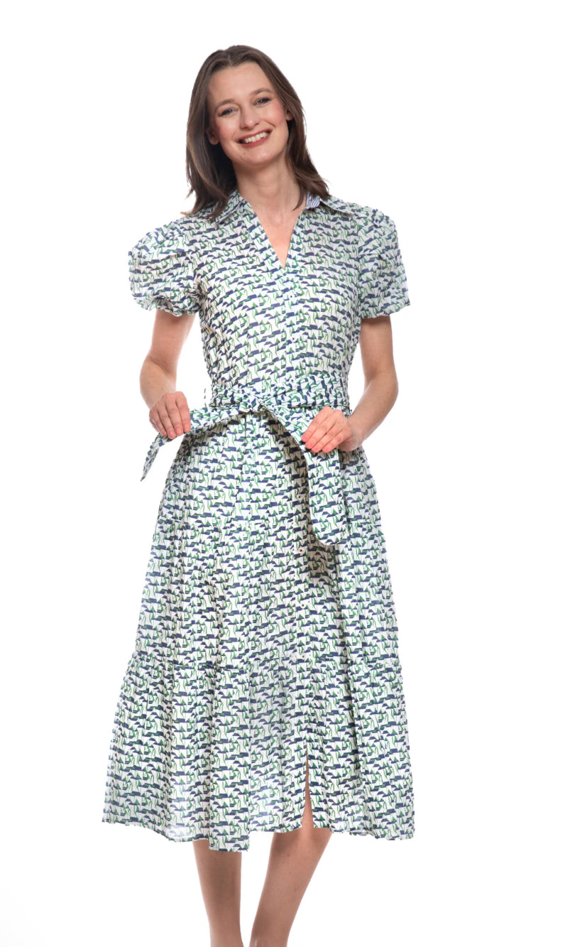 LITCHFIELD DRESS NAVY AND GREEN LITTLE SAILBOATS PRINT