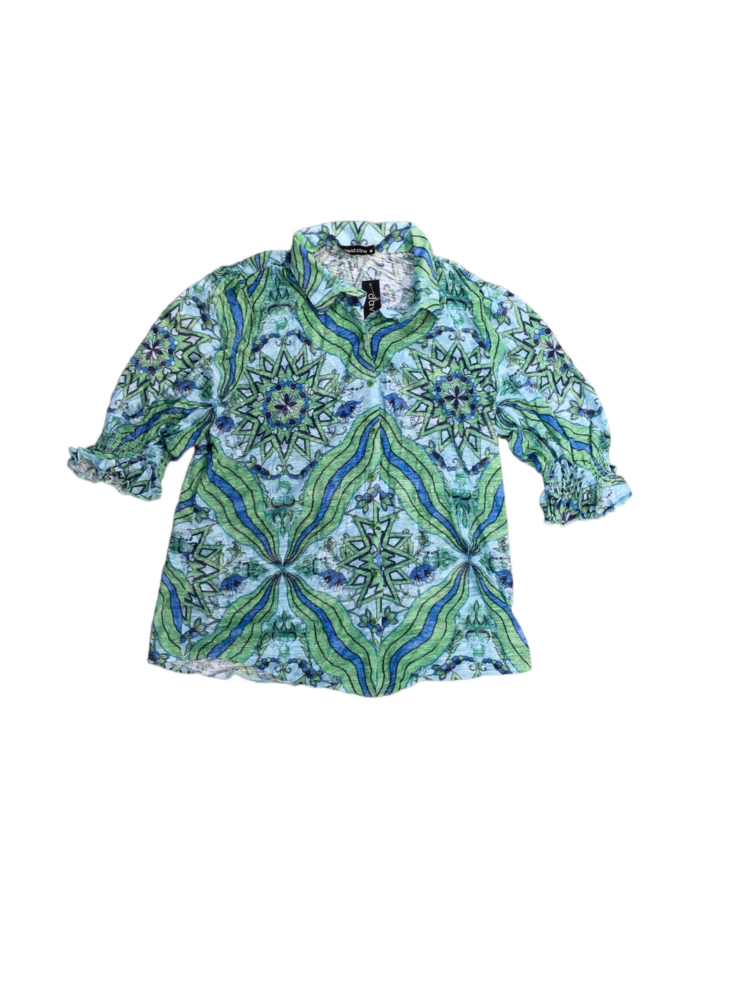 Shirred Sleeve Collar Shirt in Mint by David Cline