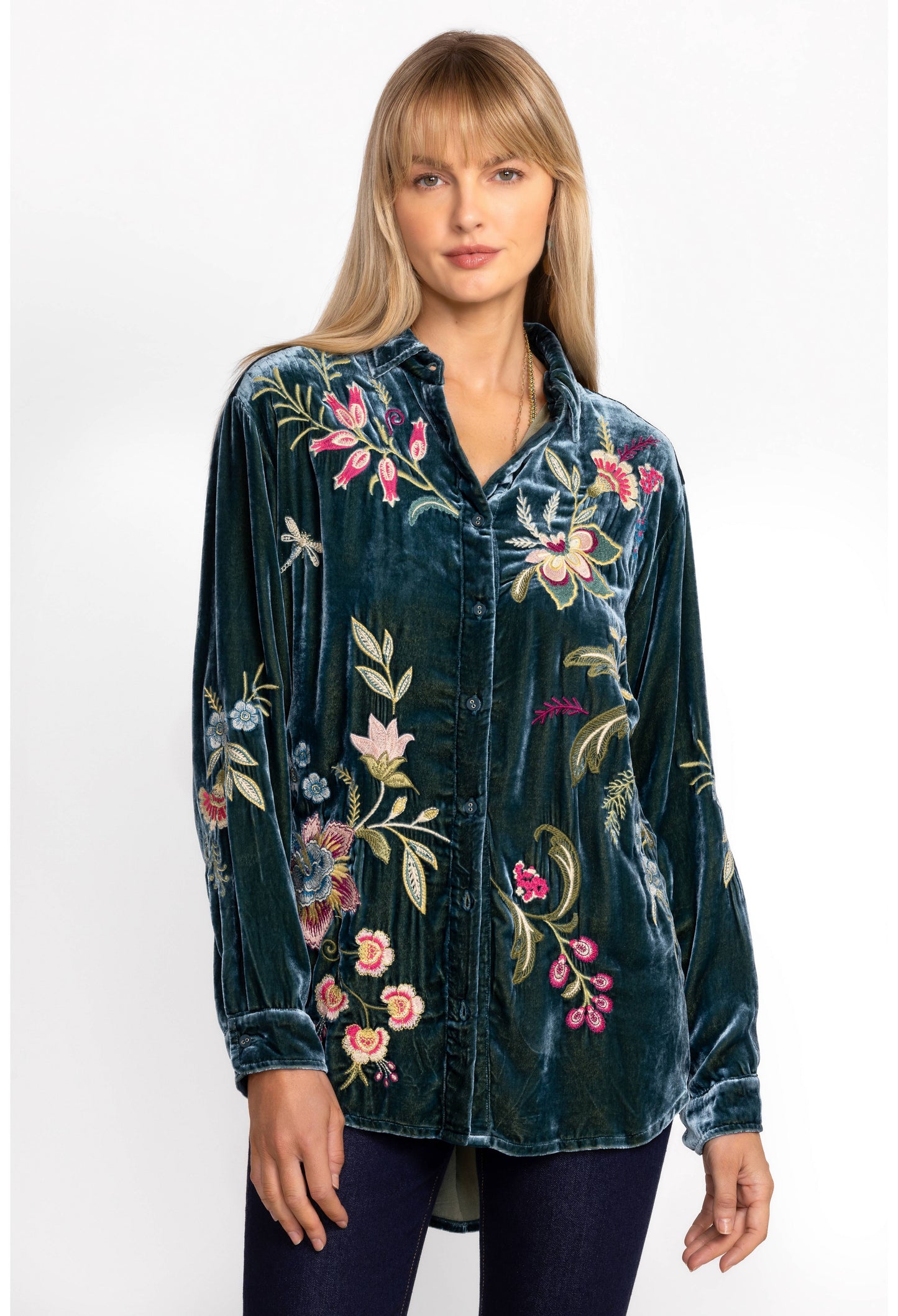 Julianna Oversized Velvet Shirt in Peacock by Johnny Was