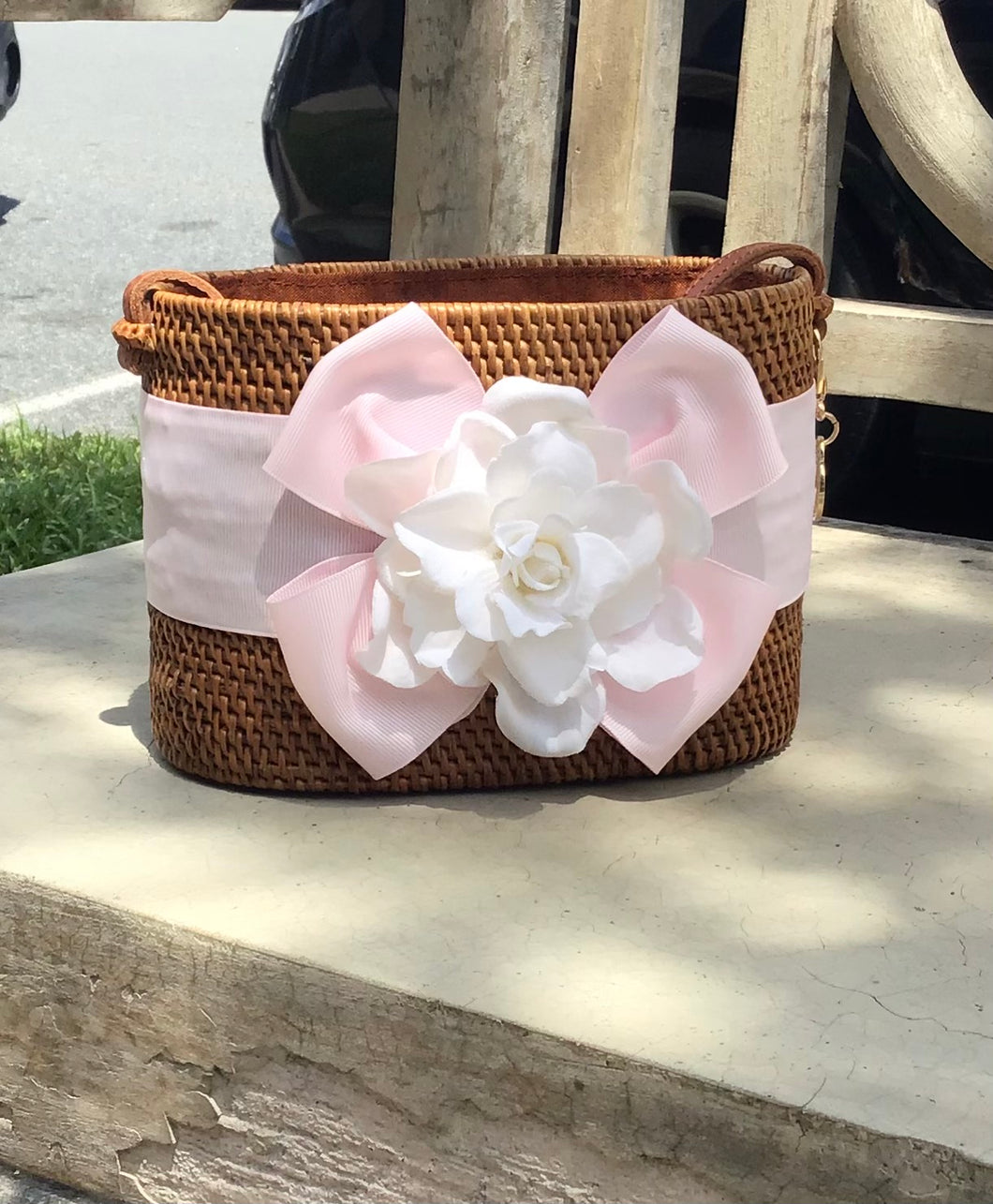 Charlotte Small Crossbody Bag with Powder Pink Bow and White Gardenia by Lisi Lerch