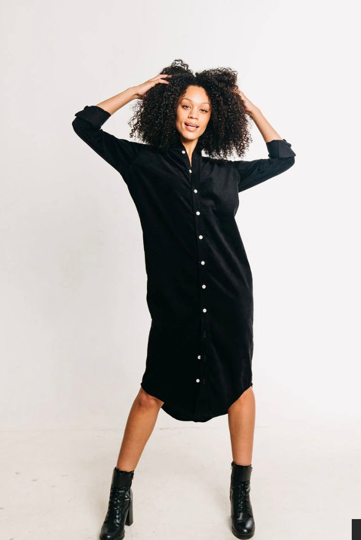 Baby Cord MIDI Dress in Black by Emily Phillips