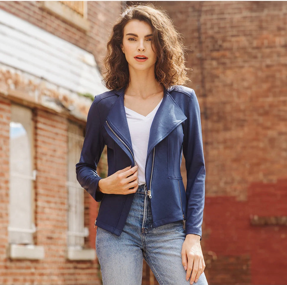 Liquid Leather Jacket in Navy by Clara Sunwoo