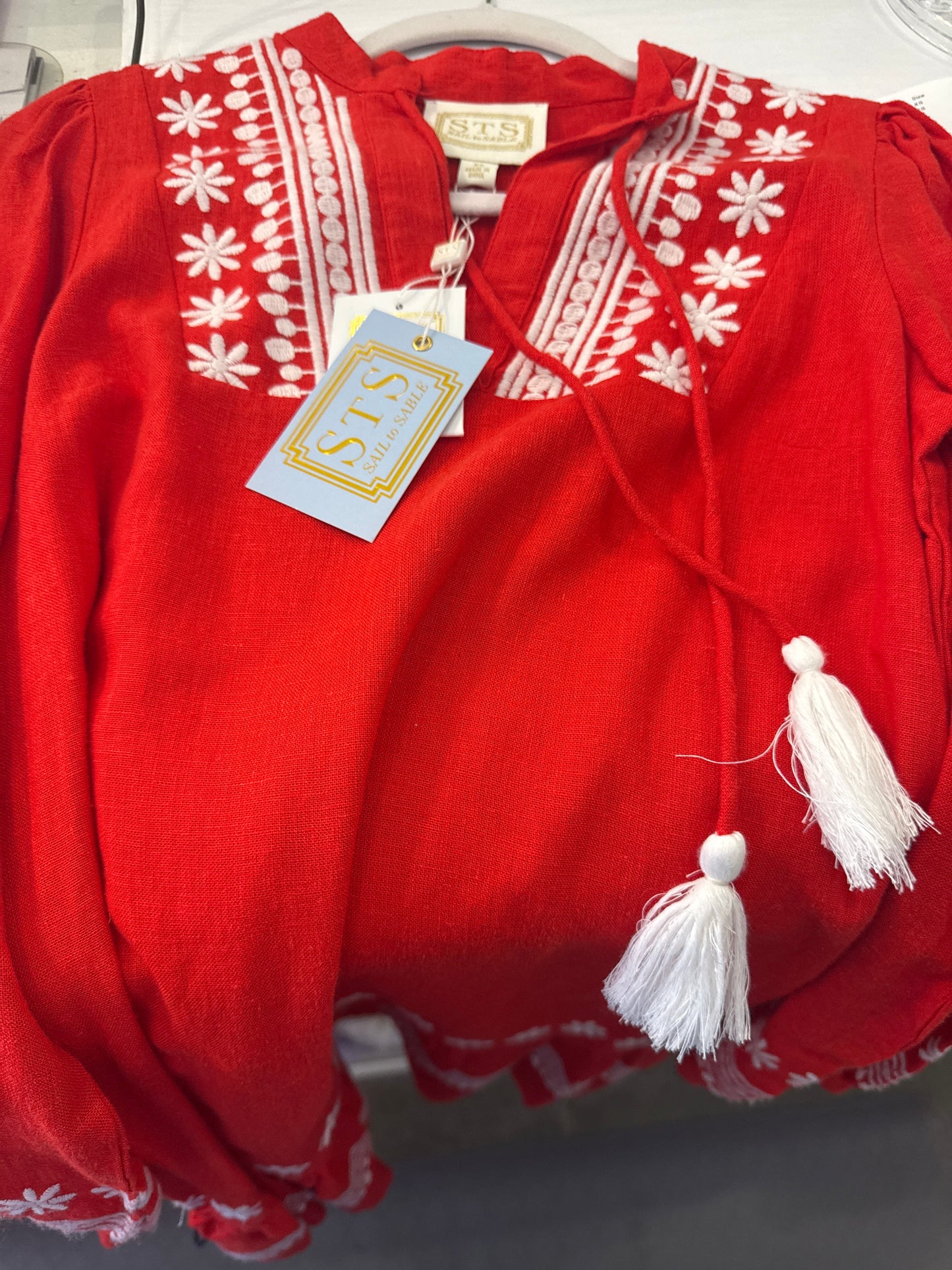 STS Sale Red Linen Dress with Tassels SP 25312
