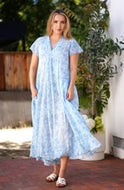 Amaryllis Maxi Dress in Blue Block Printed by Dolma