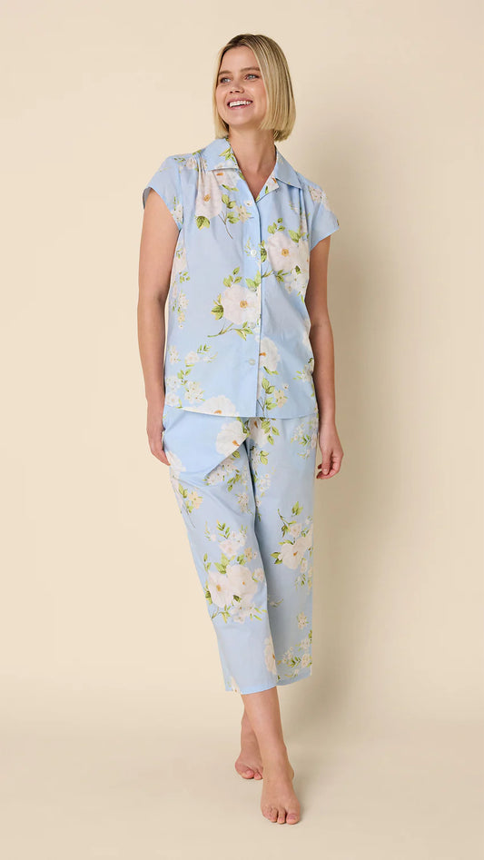 Orla Short Sleeve Capri Pajamas in Blue Flower by The Cat’s Pajamas